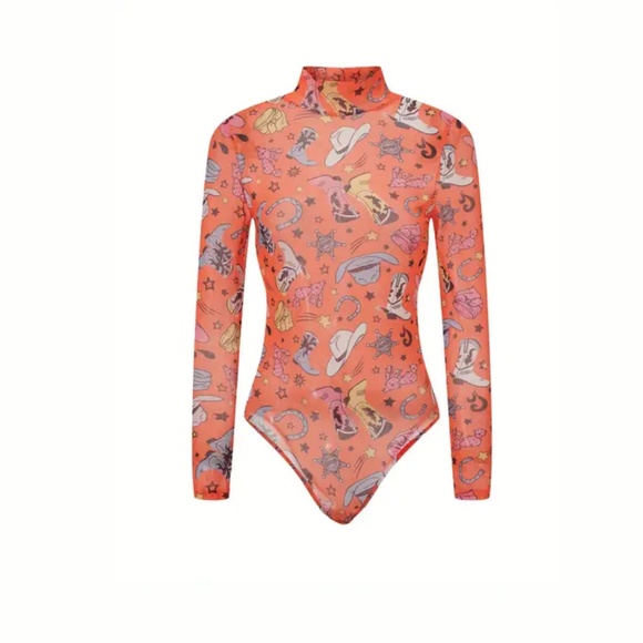 Mesh, Colorful Multi-Boots Mock Neck Bodysuit Large - Picture 3 of 7